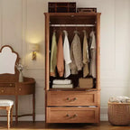 Spacious 71 V Shape Tall Wooden Armoire Wardrobe Closet  2 Doors & Drawers, Hanging Rod  Large Freestanding Storage Cabinetbrown
