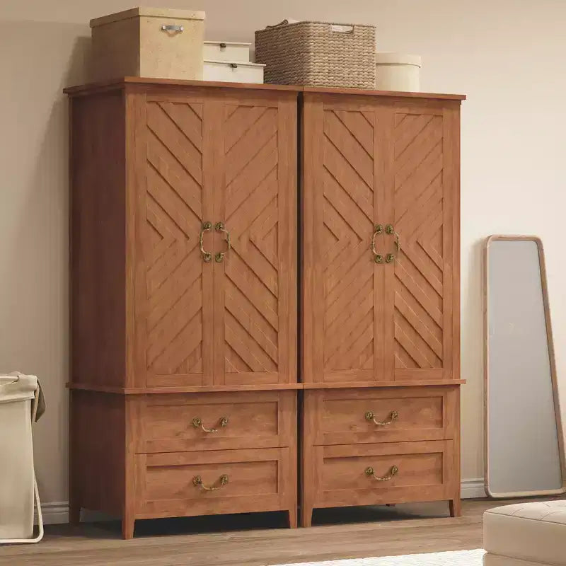 Spacious 71 V Shape Tall Wooden Armoire Wardrobe Closet  2 Doors & Drawers, Hanging Rod  Large Freestanding Storage Cabinetbrown