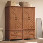 Spacious 71 V Shape Tall Wooden Armoire Wardrobe Closet  2 Doors & Drawers, Hanging Rod  Large Freestanding Storage Cabinetbrown