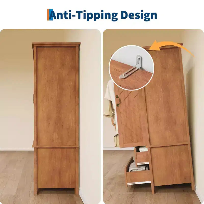 Spacious 71 V Shape Tall Wooden Armoire Wardrobe Closet  2 Doors & Drawers, Hanging Rod  Large Freestanding Storage Cabinetbrown