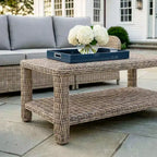 Martha Stewart Lily Pond Indoor-Outdoor Patio Coffee Table with Lower Storage Shelf in Weathered Gray Rattan Wicker