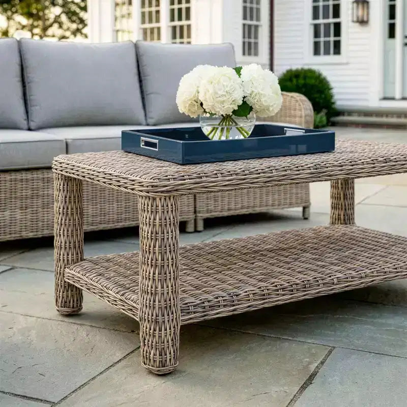 Martha Stewart Lily Pond Indoor-Outdoor Patio Coffee Table with Lower Storage Shelf in Weathered Gray Rattan Wicker