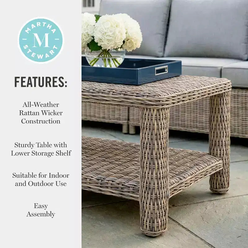 Martha Stewart Lily Pond Indoor-Outdoor Patio Coffee Table with Lower Storage Shelf in Weathered Gray Rattan Wicker