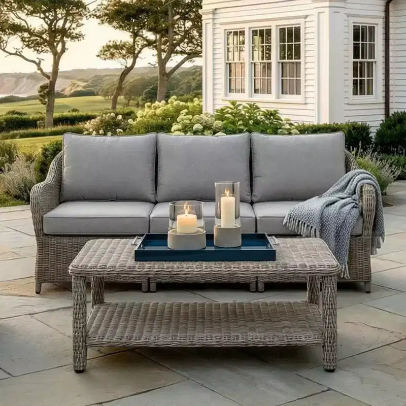 Martha Stewart Lily Pond Indoor-Outdoor Patio Coffee Table with Lower Storage Shelf in Weathered Gray Rattan Wicker