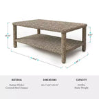 Martha Stewart Lily Pond Indoor-Outdoor Patio Coffee Table with Lower Storage Shelf in Weathered Gray Rattan Wicker