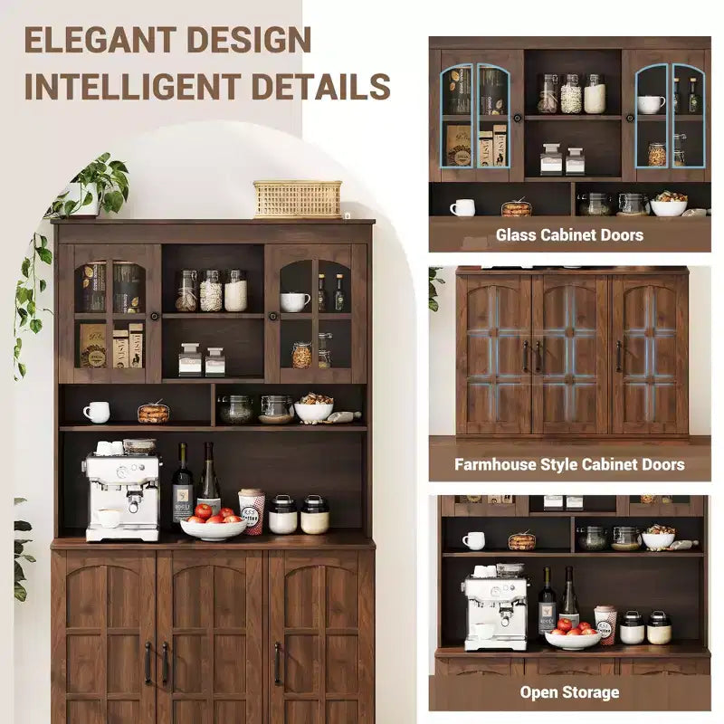 Pantry Cabinet, Tall Kitchen Pantry Storage Cabinet with Hutch, for Dining Room