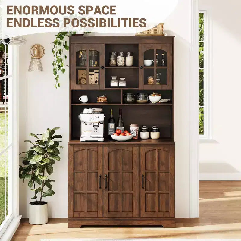 Pantry Cabinet, Tall Kitchen Pantry Storage Cabinet with Hutch, for Dining Room
