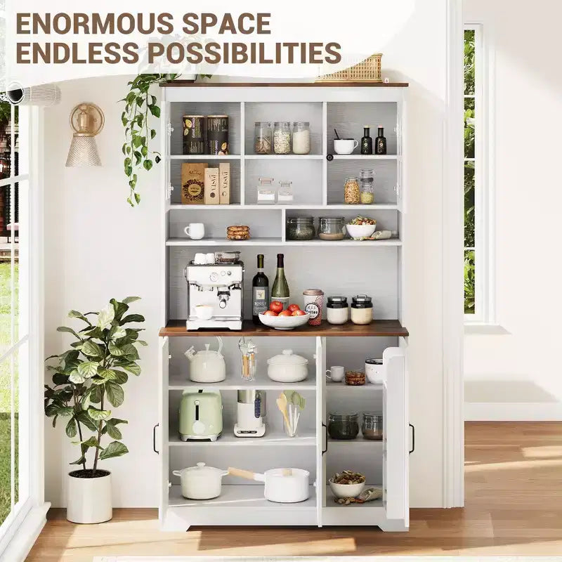 Pantry Cabinet, Tall Kitchen Pantry Storage Cabinet with Hutch, for Dining Room