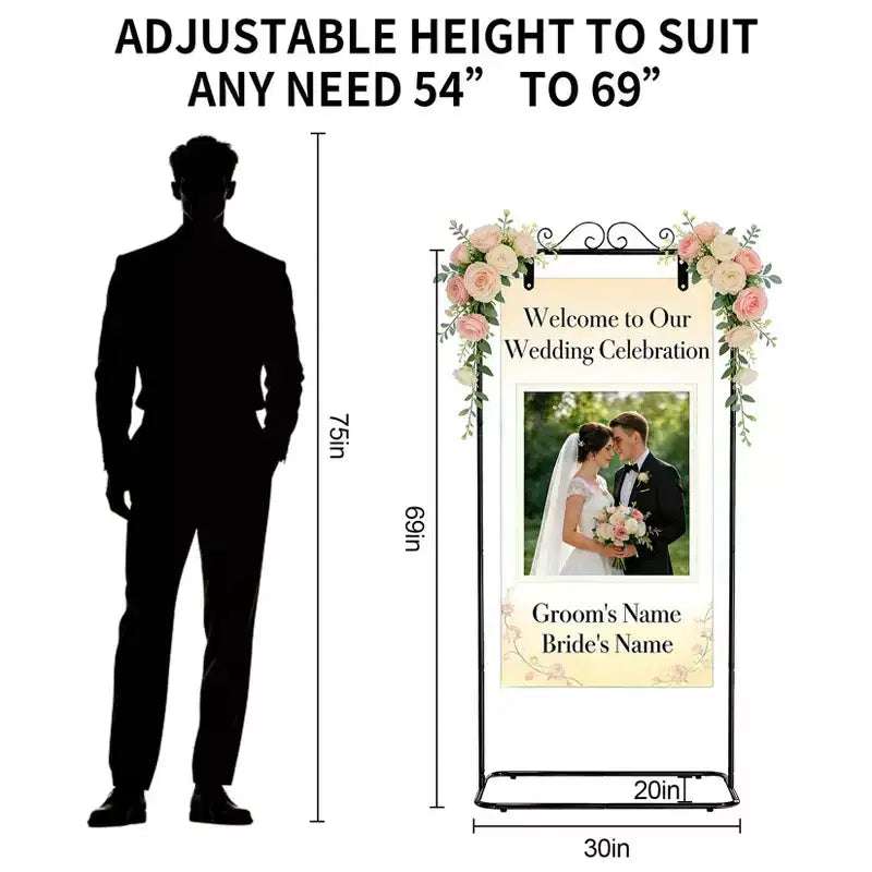 Adjustable Welcome Sign Stand - Sturdy Metal Sign Holder for Wedding, Birthday, Party, Guest Book, Includes 2 Pairs Leather Straps