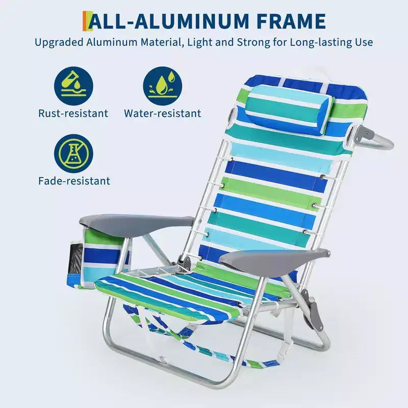 Backpack Beach Chair for Adults, Lightweight Portable Lay Flat Folding Beach Chair with 5 Reclining Positions, Backpack Straps, Phone Pocket