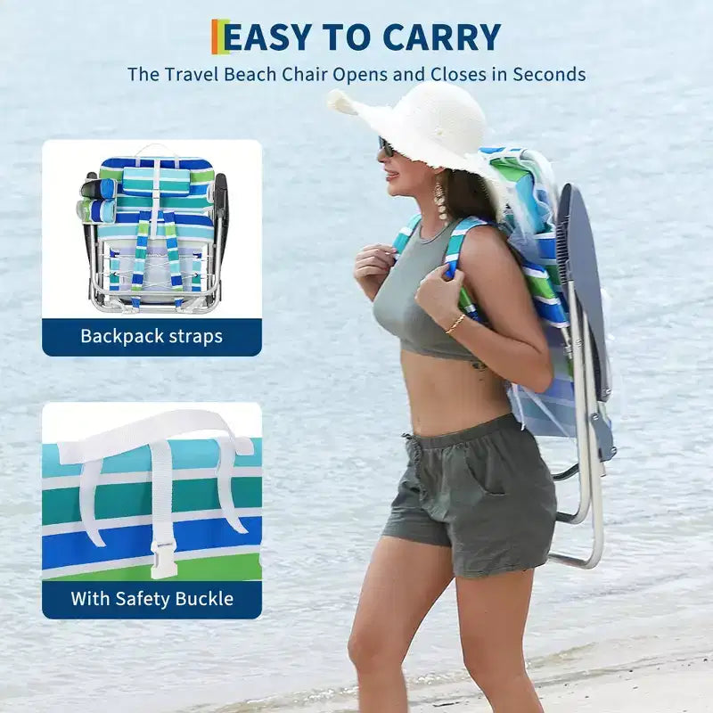 Backpack Beach Chair for Adults, Lightweight Portable Lay Flat Folding Beach Chair with 5 Reclining Positions, Backpack Straps, Phone Pocket