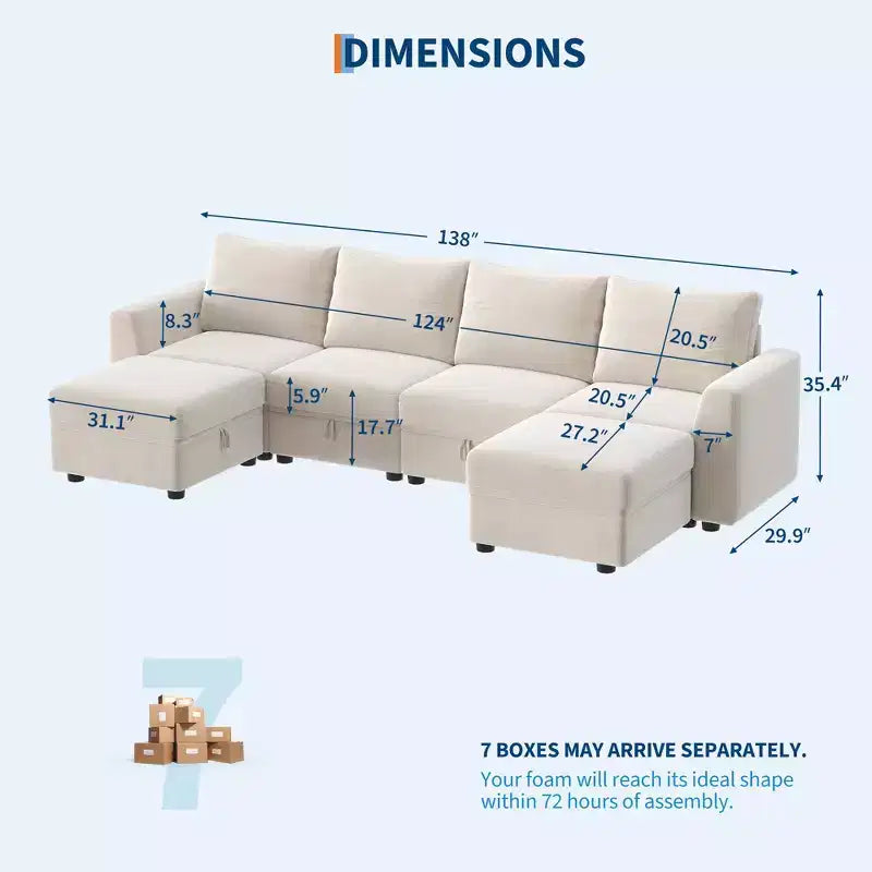 108-163 Modular L/U Sectional, 4-9 Seater Cloud Couch w/ Hidden Storage Under All Seats, Reversible Chaise Chenille Sleeper Sofa