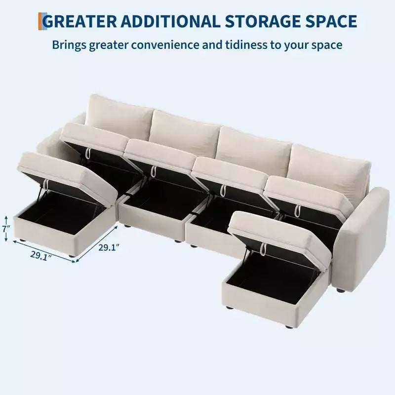 108-163 Modular L/U Sectional, 4-9 Seater Cloud Couch w/ Hidden Storage Under All Seats, Reversible Chaise Chenille Sleeper Sofa