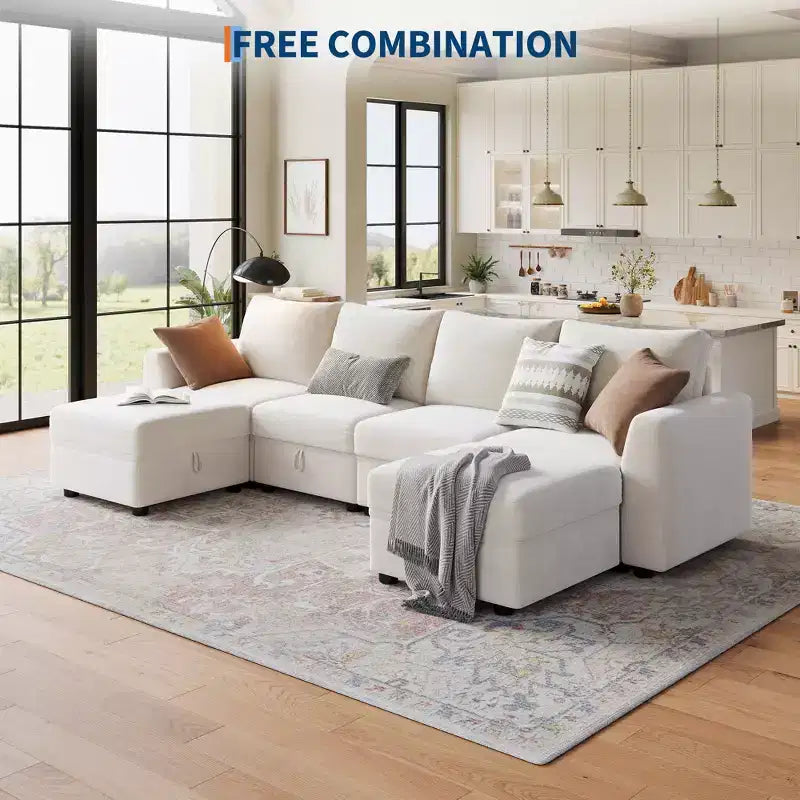108-163 Modular L/U Sectional, 4-9 Seater Cloud Couch w/ Hidden Storage Under All Seats, Reversible Chaise Chenille Sleeper Sofa