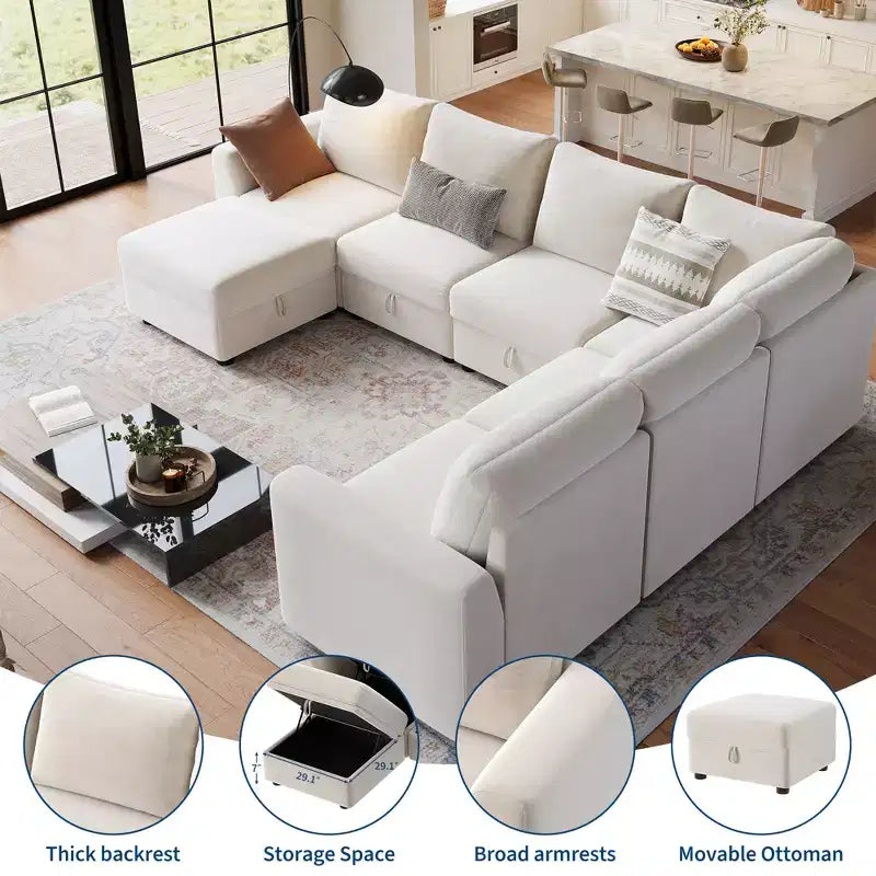 108-163 Modular L/U Sectional, 4-9 Seater Cloud Couch w/ Hidden Storage Under All Seats, Reversible Chaise Chenille Sleeper Sofa