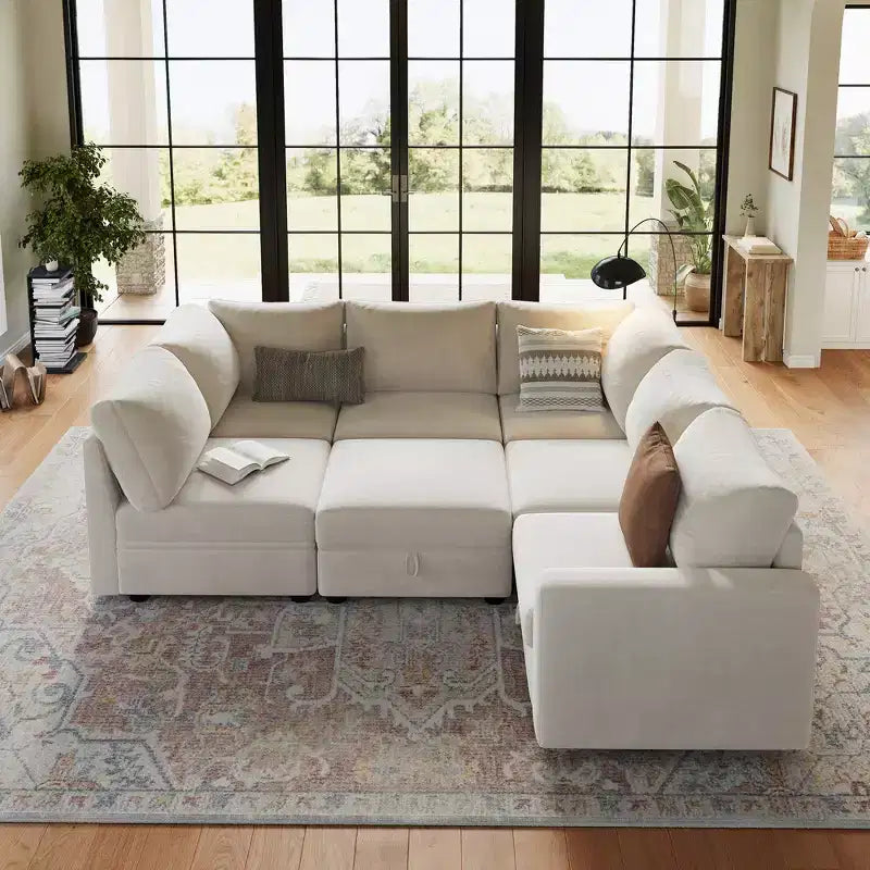 108-163 Modular L/U Sectional, 4-9 Seater Cloud Couch w/ Hidden Storage Under All Seats, Reversible Chaise Chenille Sleeper Sofa
