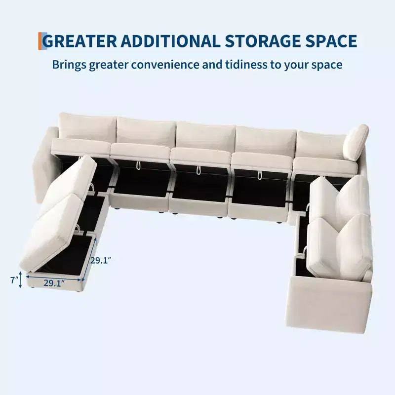 108-163 Modular L/U Sectional, 4-9 Seater Cloud Couch w/ Hidden Storage Under All Seats, Reversible Chaise Chenille Sleeper Sofa
