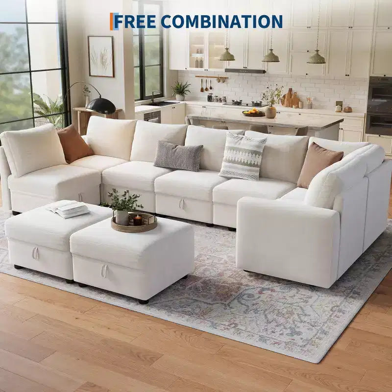 108-163 Modular L/U Sectional, 4-9 Seater Cloud Couch w/ Hidden Storage Under All Seats, Reversible Chaise Chenille Sleeper Sofa