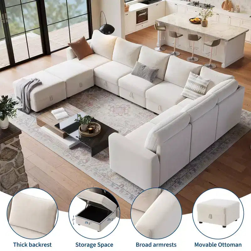 108-163 Modular L/U Sectional, 4-9 Seater Cloud Couch w/ Hidden Storage Under All Seats, Reversible Chaise Chenille Sleeper Sofa