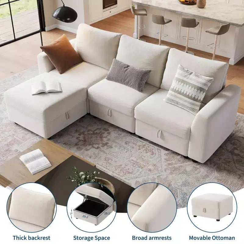 108-163 Modular L/U Sectional, 4-9 Seater Cloud Couch w/ Hidden Storage Under All Seats, Reversible Chaise Chenille Sleeper Sofa