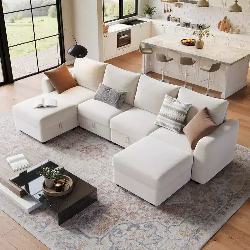 108-163 Modular L/U Sectional, 4-9 Seater Cloud Couch w/ Hidden Storage Under All Seats, Reversible Chaise Chenille Sleeper Sofa