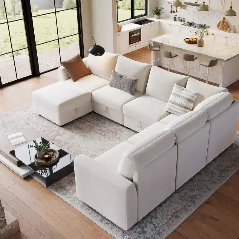 108-163 Modular L/U Sectional, 4-9 Seater Cloud Couch w/ Hidden Storage Under All Seats, Reversible Chaise Chenille Sleeper Sofa