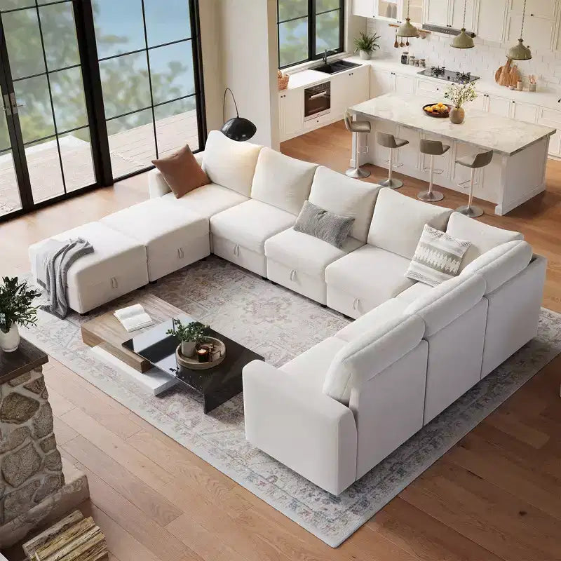 108-163 Modular L/U Sectional, 4-9 Seater Cloud Couch w/ Hidden Storage Under All Seats, Reversible Chaise Chenille Sleeper Sofa