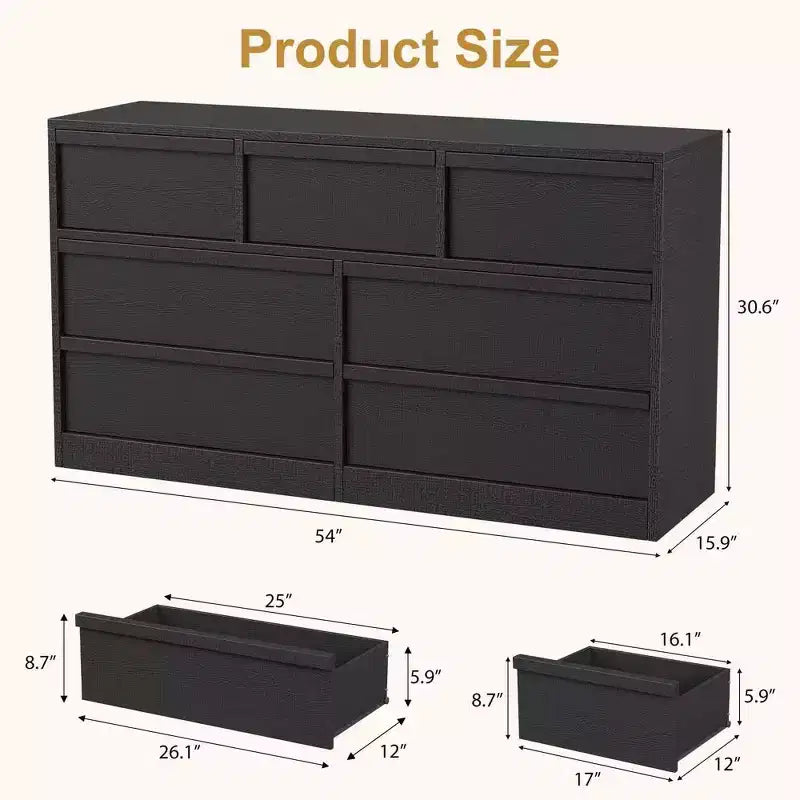 Acekool 7 Drawer Dresser for Bedroom, Wooden Storage Cabinet with Concave Handles, Modern Chest of Drawers Organizer, Black