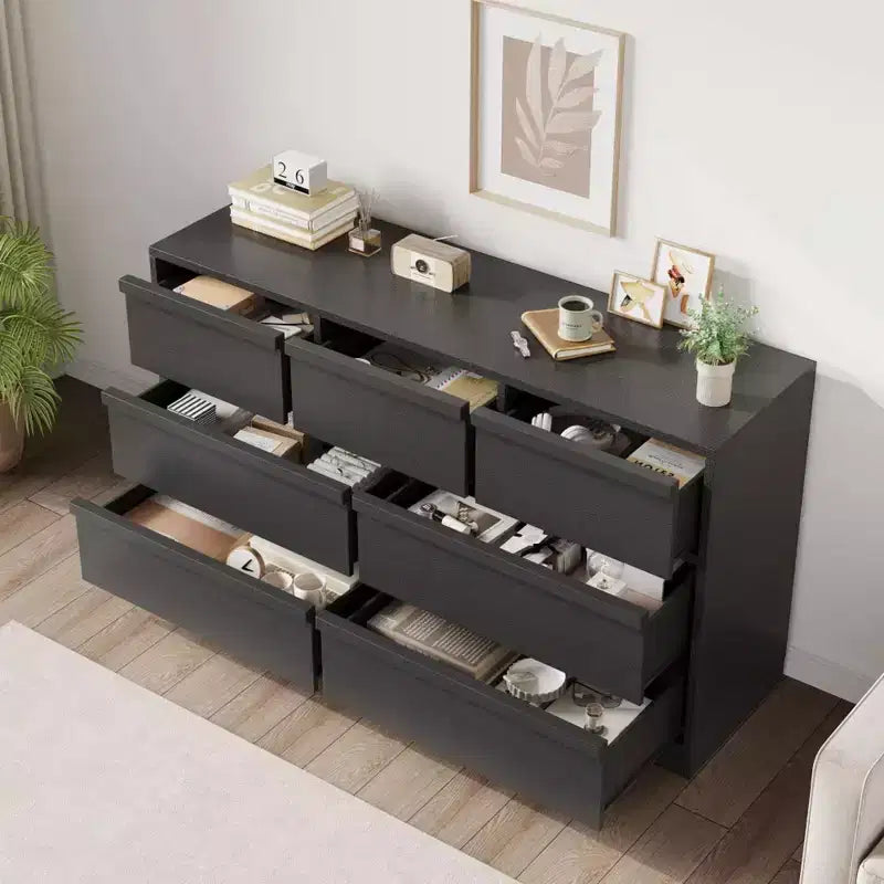 Acekool 7 Drawer Dresser for Bedroom, Wooden Storage Cabinet with Concave Handles, Modern Chest of Drawers Organizer, Black