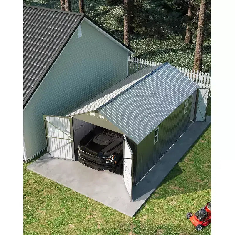 12x20 ft Enclosed Metal Car Port, Vertical Steel Roof, All-Weather Use, Metal Garage Shed