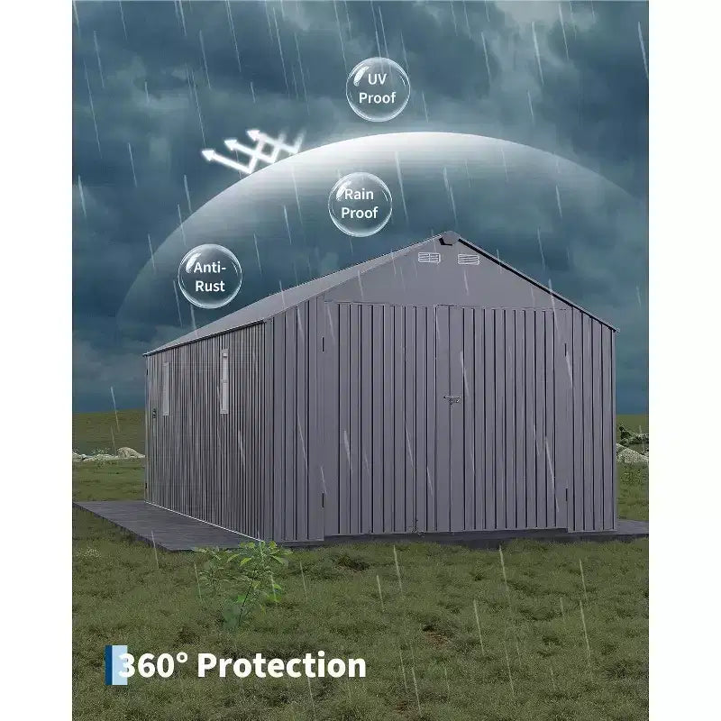 12x20 ft Enclosed Metal Car Port, Vertical Steel Roof, All-Weather Use, Metal Garage Shed