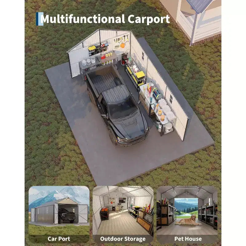12x20 ft Enclosed Metal Car Port, Vertical Steel Roof, All-Weather Use, Metal Garage Shed