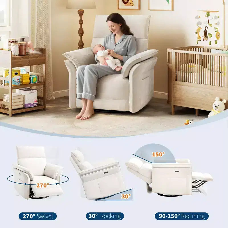 Acekool Swivel Rocker Recliner Chair, PU Leather Glider Reclining Sofa Chair with Deep Seat for Living Room Bedroom Nursery, White