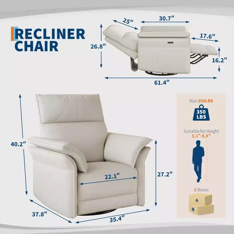 Acekool Swivel Rocker Recliner Chair, PU Leather Glider Reclining Sofa Chair with Deep Seat for Living Room Bedroom Nursery, White