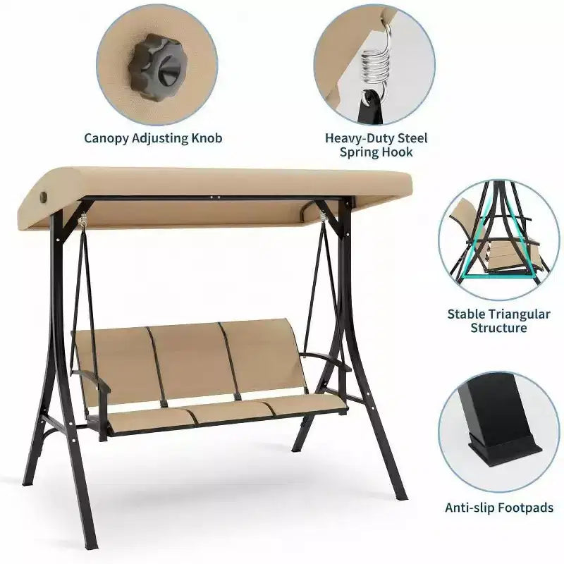 3-Seater Outdoor Porch Swing Chair with Adjustable Canopy, Heavy-Duty Steel Frame, 600 Lb Capacity, Weatherproof Cushions for Patio, Garden