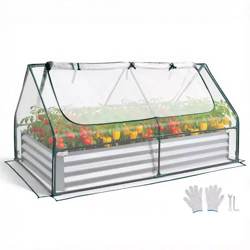 VEVOR Raised Garden Bed with Cover, 6 x 3 x 1 ft, Rectangular Galvanized Metal Planter Box Kit Outdoor, with PE Greenhouse Cover & Gloves, Silver