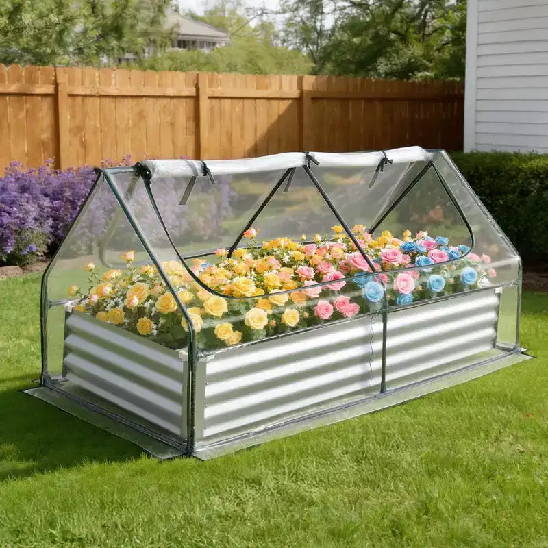 VEVOR Raised Garden Bed with Cover, 6 x 3 x 1 ft, Rectangular Galvanized Metal Planter Box Kit Outdoor, with PE Greenhouse Cover & Gloves, Silver
