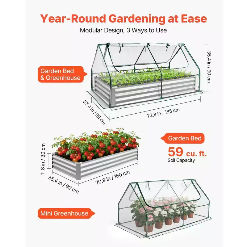 VEVOR Raised Garden Bed with Cover, 6 x 3 x 1 ft, Rectangular Galvanized Metal Planter Box Kit Outdoor, with PE Greenhouse Cover & Gloves, Silver