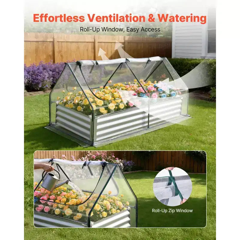 VEVOR Raised Garden Bed with Cover, 6 x 3 x 1 ft, Rectangular Galvanized Metal Planter Box Kit Outdoor, with PE Greenhouse Cover & Gloves, Silver