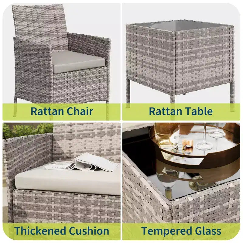 3-Piece Outdoor Patio [Bistro/Bar] Set  PE Rattan Wicker, Tempered Glass Table, Cushioned Chairs  for Garden, Porch, Poolside
