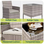 3-Piece Outdoor Patio [Bistro/Bar] Set  PE Rattan Wicker, Tempered Glass Table, Cushioned Chairs  for Garden, Porch, Poolside