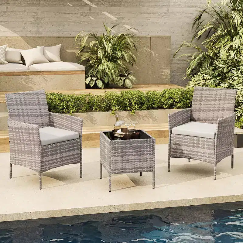 3-Piece Outdoor Patio [Bistro/Bar] Set  PE Rattan Wicker, Tempered Glass Table, Cushioned Chairs  for Garden, Porch, Poolside