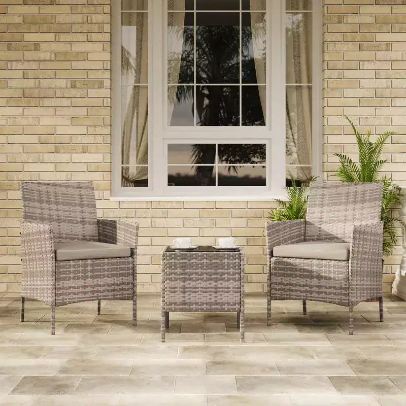 3-Piece Outdoor Patio [Bistro/Bar] Set  PE Rattan Wicker, Tempered Glass Table, Cushioned Chairs  for Garden, Porch, Poolside