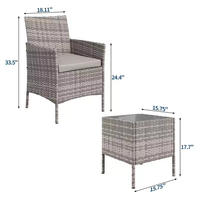 3-Piece Outdoor Patio [Bistro/Bar] Set  PE Rattan Wicker, Tempered Glass Table, Cushioned Chairs  for Garden, Porch, Poolside