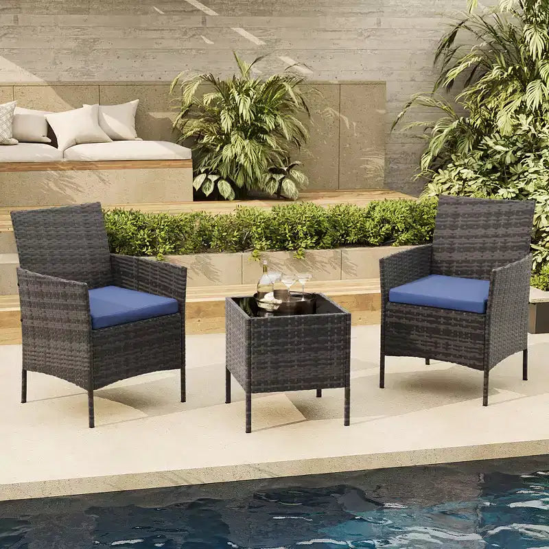 3-Piece Outdoor Patio [Bistro/Bar] Set  PE Rattan Wicker, Tempered Glass Table, Cushioned Chairs  for Garden, Porch, Poolside
