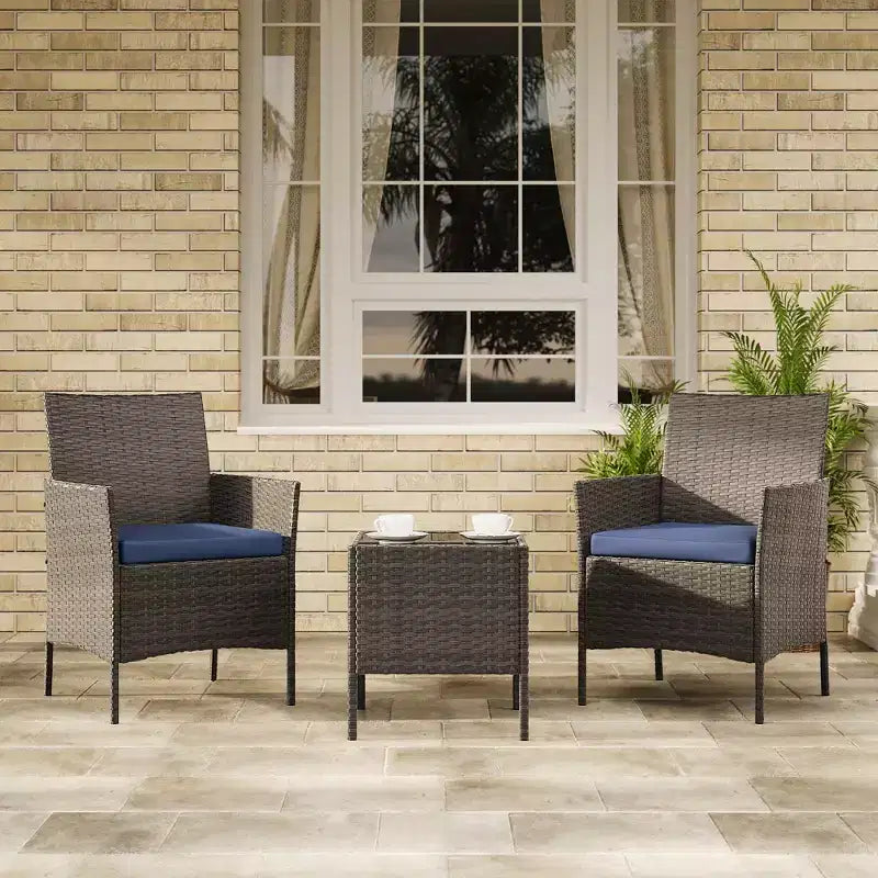 3-Piece Outdoor Patio [Bistro/Bar] Set  PE Rattan Wicker, Tempered Glass Table, Cushioned Chairs  for Garden, Porch, Poolside