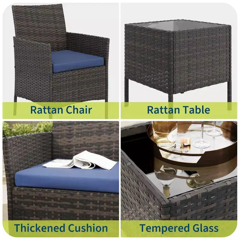 3-Piece Outdoor Patio [Bistro/Bar] Set  PE Rattan Wicker, Tempered Glass Table, Cushioned Chairs  for Garden, Porch, Poolside