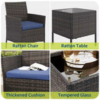 3-Piece Outdoor Patio [Bistro/Bar] Set  PE Rattan Wicker, Tempered Glass Table, Cushioned Chairs  for Garden, Porch, Poolside