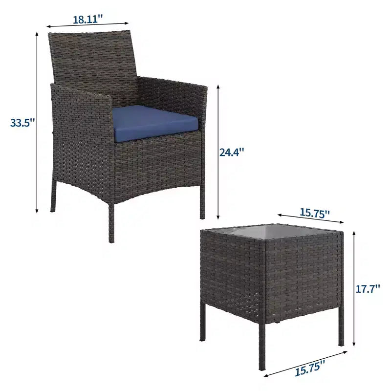 3-Piece Outdoor Patio [Bistro/Bar] Set  PE Rattan Wicker, Tempered Glass Table, Cushioned Chairs  for Garden, Porch, Poolside