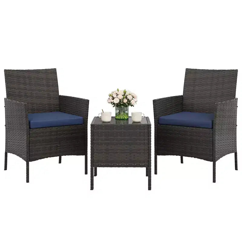 3-Piece Outdoor Patio [Bistro/Bar] Set  PE Rattan Wicker, Tempered Glass Table, Cushioned Chairs  for Garden, Porch, Poolside